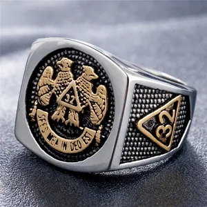 Vintage stainless steel Freemasonry double eagle men's signet ring with 32nd degree symbols
