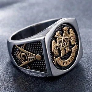Mens Masonic double headed eagle ring in silver and gold tones with Latin engraving