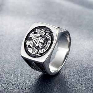 Vintage stainless steel Freemason 32nd Degree eagle signet ring for men on dark background