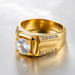 Bague de mariage pour homme en acier titane doré avec grand zircon rond et brillants