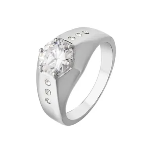 Bague de mariage pour homme en acier titane avec grand zircon et pierres latérales