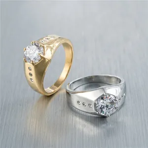 Bagues de mariage pour hommes en acier titane avec zircons ronds en doré et argenté