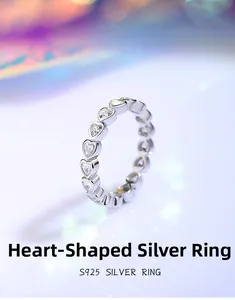 Macro shot of S925 sterling silver eternity ring featuring heart-shaped zircon stones