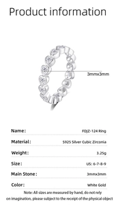 Detailed size and material chart for S925 sterling silver heart-shaped eternity ring