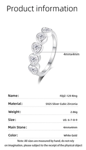 Detailed view of S925 silver ring featuring five heart-shaped cubic zirconia stones