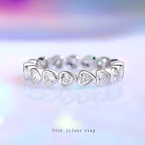 S925 Sterling Silver Heart Eternity Ring For Women Luxury White Gold Plated Cubic Zirconia Row Drill Ring Fashion Jewelry