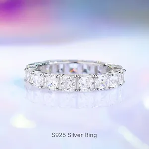 Square-cut zircon S925 sterling silver channel set ring with a high-polished finish