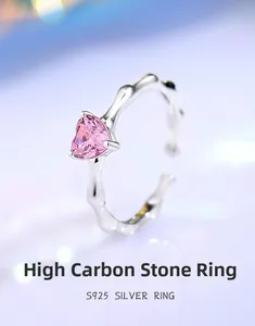 Detailed view of S925 silver ring featuring pink heart stone and bamboo textured band
