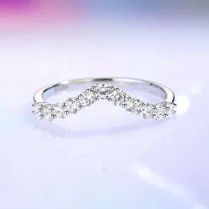 Elegant S925 sterling silver V-shaped wishbone ring with nine sparkling white zircons