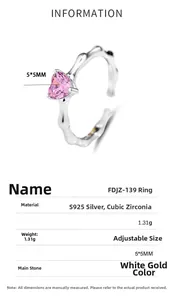 Detailed spec sheet showing S925 silver ring with 5x5mm pink heart cubic zirconia
