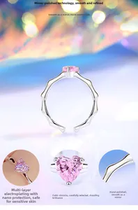 Detailed view of S925 silver ring featuring pink heart zirconia and nanocoating finish