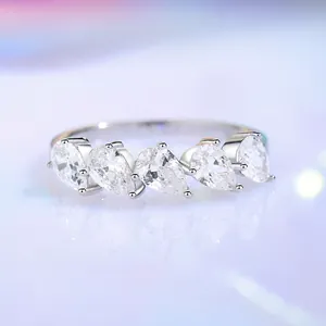 Elegant S925 sterling silver ring with five pear-shaped cubic zirconia stones
