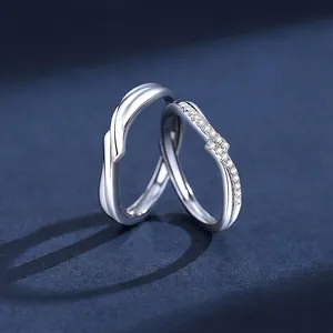 925 Sterling Silver Couple Rings For Men Women Simple Moebius Wave Adjustable Set Rhinestone Inlaid Fashion Jewelry Gift
