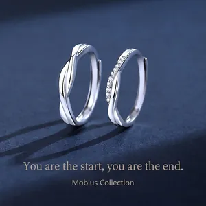 925 Sterling Silver Mobius Loop Rings For Men And Women Adjustable Twisted Zirconia Inlaid Wedding Promise Jewelry