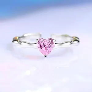 S925 Sterling Silver Pink Heart Zirconia Adjustable Ring For Women Elegant Bamboo Texture Finger Jewelry Niche Design Gift
