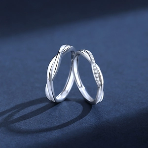 Original 925 sterling silver couple rings with twisted rope design and pavé stones