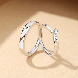 S925 sterling silver couple rings set with adjustable band and sparkling solitaire stone