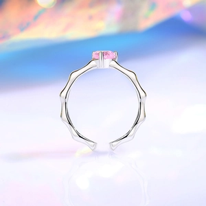 S925 sterling silver heart ring with pink gemstone and adjustable wavy band design
