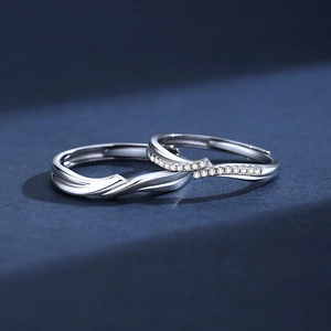 S925 sterling silver couple rings set featuring minimalist wave design with cubic zirconia