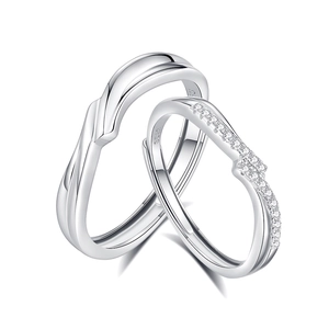 Minimalist S925 sterling silver couple rings with wavy design and zircon stones