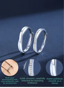 Détail macro de bagues Mobius en argent S925 avec zircons incrustés et poinçon S925