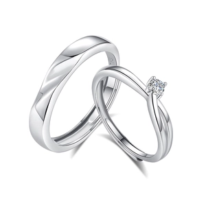 S925 sterling silver couple rings set with wave texture and sparkling cubic zirconia stone