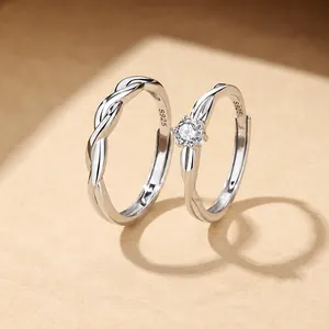 Anillos de Pareja Mobius de Plata de Ley S925 Ajustables Abiertos Retorcidos con Zirconia CZ Joyas de Boda Hombre Mujer