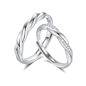S925 sterling silver adjustable couple rings with twisted rope design and pavé zircons