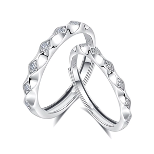 Adjustable S925 sterling silver couple rings with geometric diamond texture and zircons