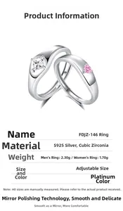 Detailed specs of adjustable S925 silver couple rings with heart and square cubic zirconia