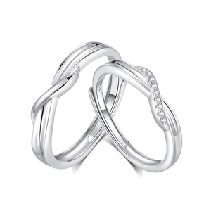 Matching S925 sterling silver Mobius couple rings with sparkling white zircon inlay