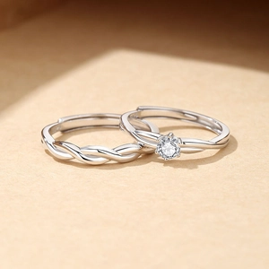 Anillos de pareja de plata s925 con diseño trenzado y solitario con diamante brillante único