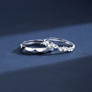 S925 sterling silver meteor couple rings with geometric facets and zircon inlay