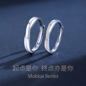 Ensemble de Bagues de Couple en Argent Sterling 925 Ruban de Möbius Torsion Zircone Cubique Incrustée Bagues Ouvertes Réglables pour Cadeau de Mariage Saint-Valentin