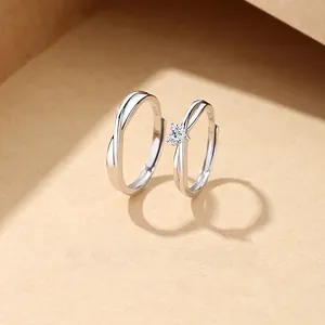 925 Sterling Silver Couple Rings Heart Cubic Zirconia Minimalist Twisted Adjustable Open Ring Jewelry For Lovers Anniversary