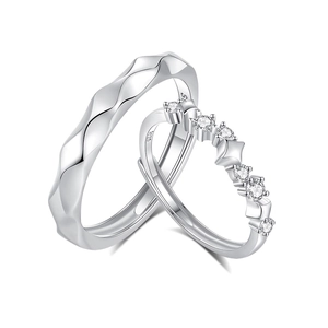 S925 Sterling Silver Meteor Couple Rings with polished wave texture and starry zircon accents