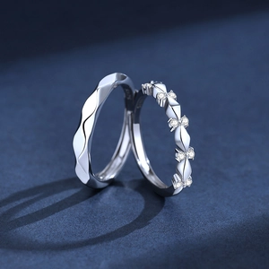 Minimalist S925 sterling silver couple rings with wave pattern and zircon stones