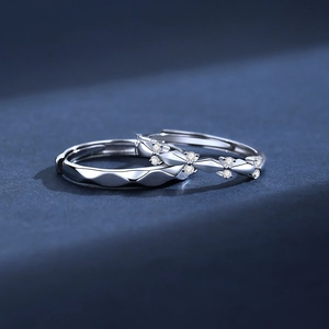 S925 sterling silver couple rings with geometric facet and sparkling zircon stones