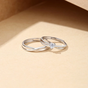 S925 sterling silver couple rings with heart-shaped gemstone and adjustable open band