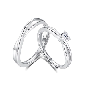 Polished S925 sterling silver couple rings with adjustable heart cubic zirconia design