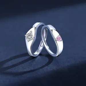 925 Sterling Silver Couple Rings Princess Cut Zirconia Heart Pink Stone Adjustable Open Finger Ring Jewelry For Lover Valentine Day Gift
