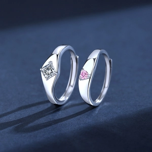 S925 sterling silver couple rings set with square white zircon and pink heart gemstone
