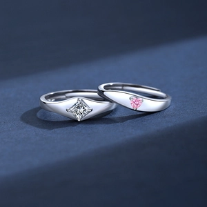 S925 silver couple rings with square clear diamond and pink heart-shaped stone