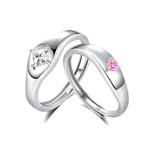 S925 sterling silver couple rings with square and pink heart stones for romantic lovers