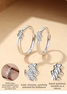 Detail view of S925 sterling silver knot rings with zircon inlay and nano-plating finish