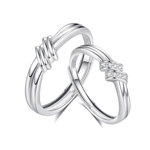 S925 Sterling Silver Knot Couple Rings with Zircon Stones and Adjustable Open Bands