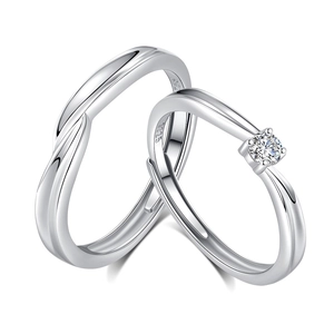 S925 sterling silver couple ring set with polished finish and adjustable open band