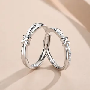 Bagues de couple en argent sterling S925 avec design nœud et accents de diamants