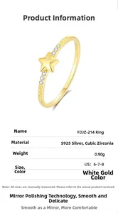 Detail view of S925 silver star ring with specifications, pavé setting and size chart