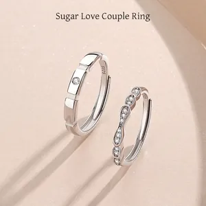 S925 Sterling Silver Cubic Zirconia Couple Rings For Men Women Adjustable Open Finger Rings Romantic Valentine's Day Jewelry Gift